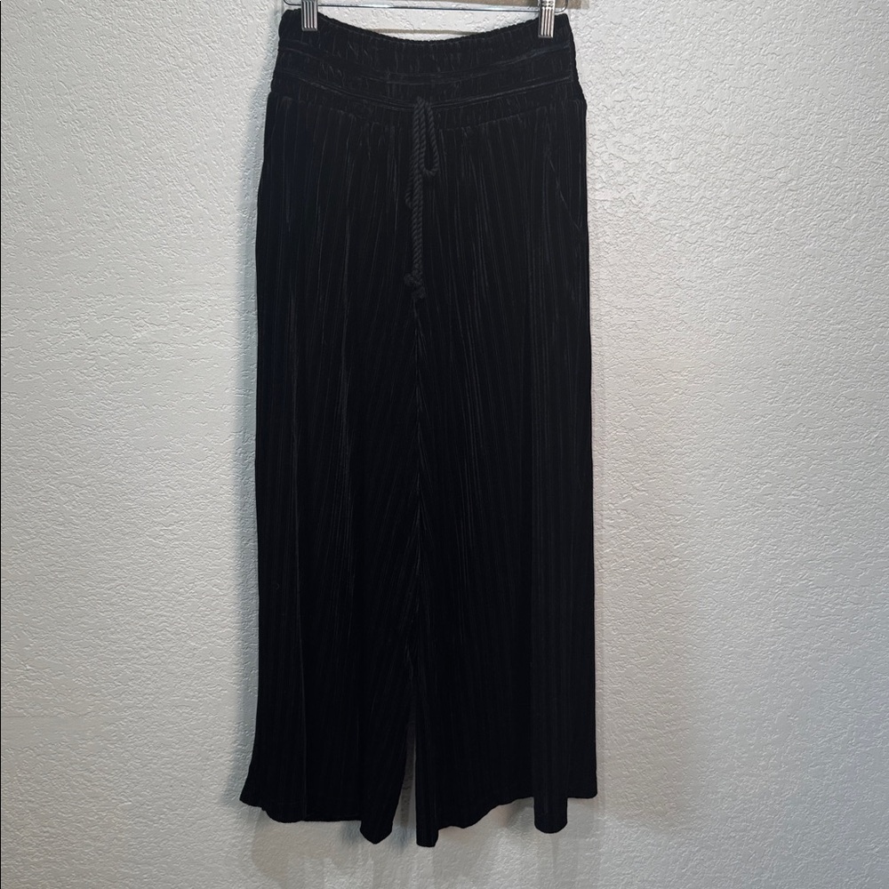 Gigio Women Small Black Wide-Leg Textured Velvet Tie Elastic Waist Pants NWT